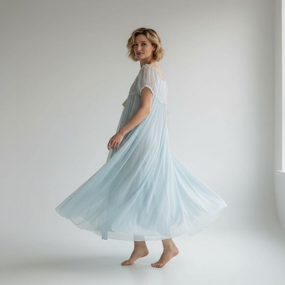 NOS Vintage 60's Vassarette Blue Nylon Chiffon Robe Nightgown Size 36 Full Sweep - Picture 2 of 9